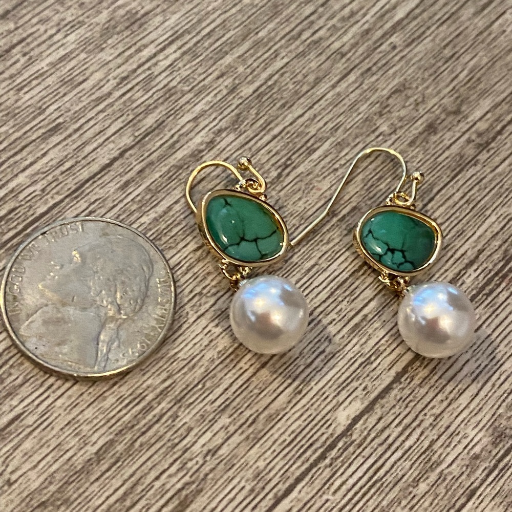 18kt gold plated drop earrings turquoise with pear drop. jewelry a hanging loop - Picture 6 of 11